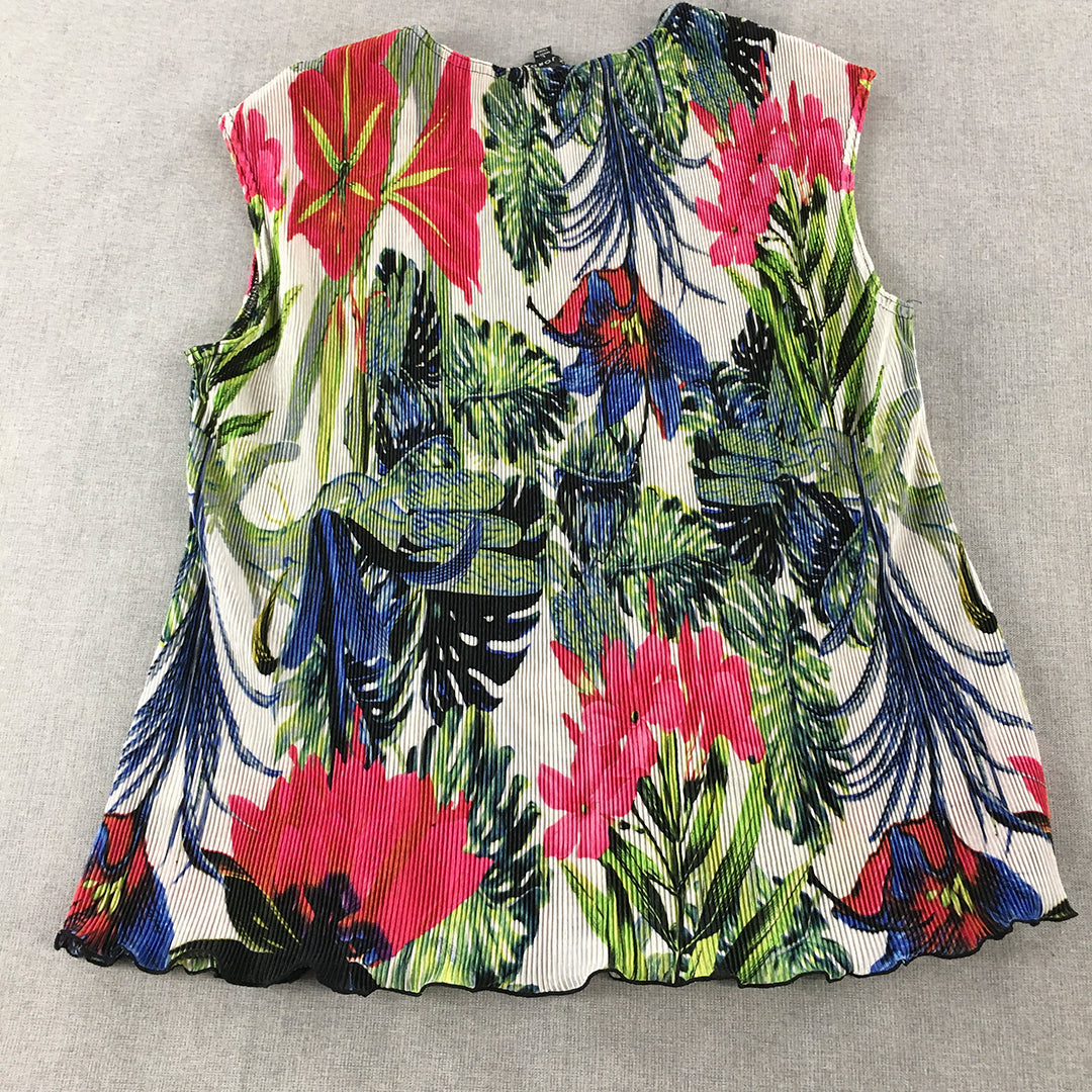 Liz Jordan Womens Top Size L White Green Red Floral Pleated Blouse