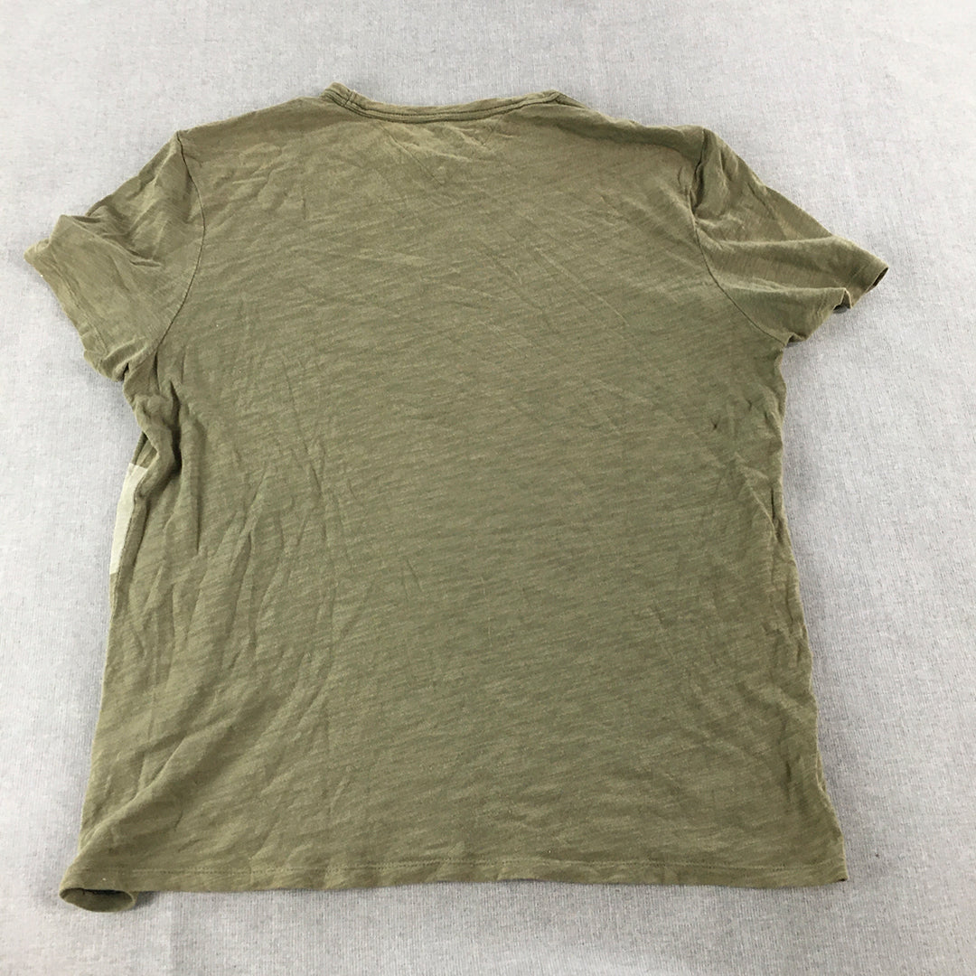 Tommy Hilfiger Mens T-Shirt Size M Khaki Green Striped Logo Short Sleeve