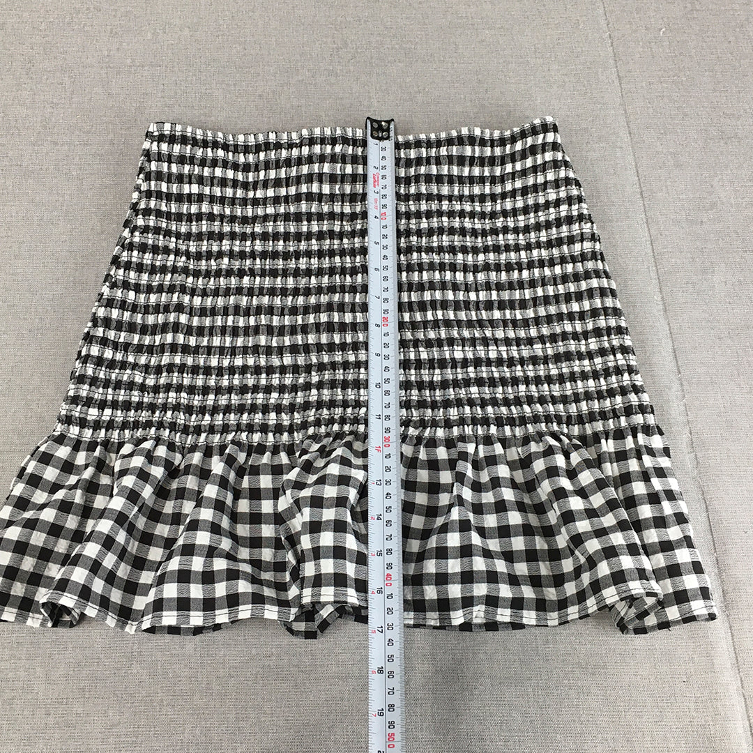 H&M Womens Mini Skirt Size S Black White Checkered Frilled Hem Stretch Fabric