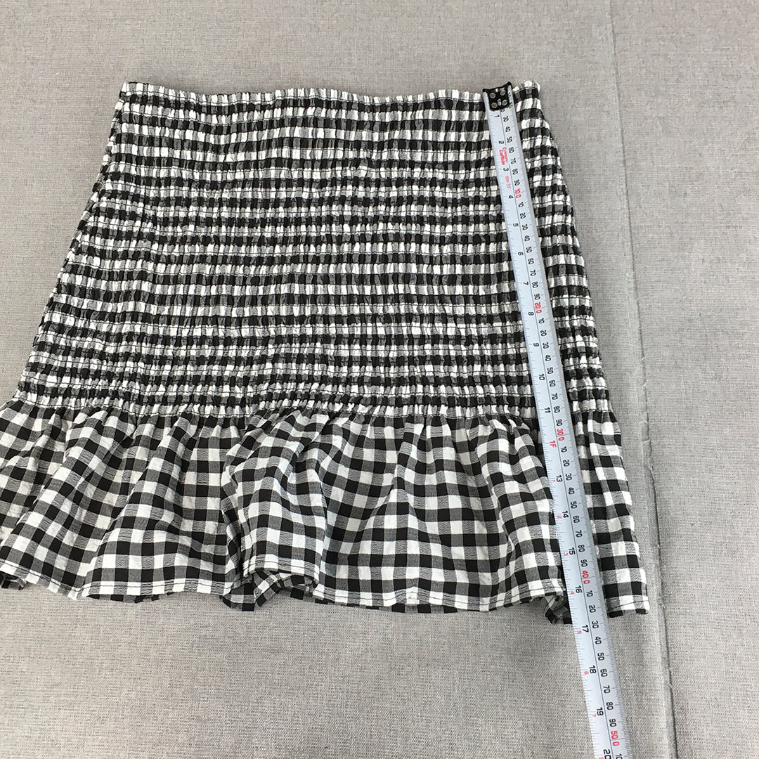 H&M Womens Mini Skirt Size S Black White Checkered Frilled Hem Stretch Fabric