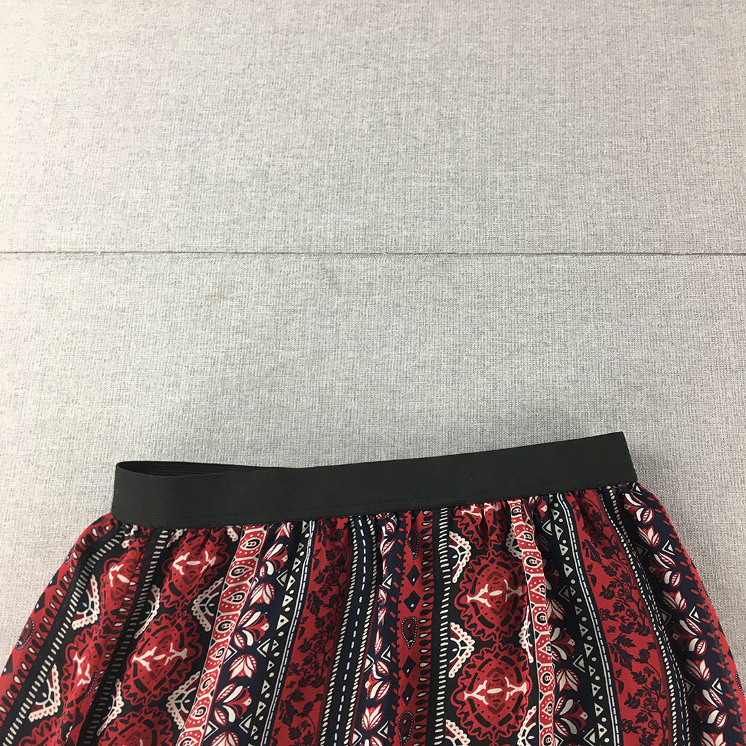 H&M Womens Maxi Skirt Size 6 Red Striped Floral Long Elastic Waist