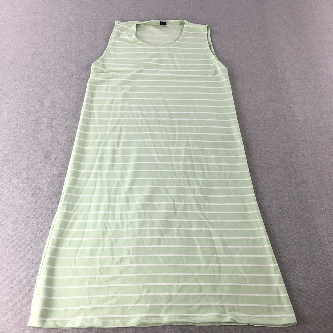 Lemone Womens A-Line Dress Size 10 Green Striped Stretch Fabric Mini Sleeveless