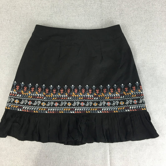 Tigerlily Womens Mini Skirt Size 8 Black Aztec Navajo Frilled Hem