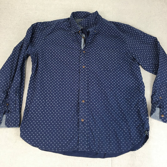 Nautica Mens Shirt Size XL Blue Anchor Pattern Long Sleeve Button-Up Pocket