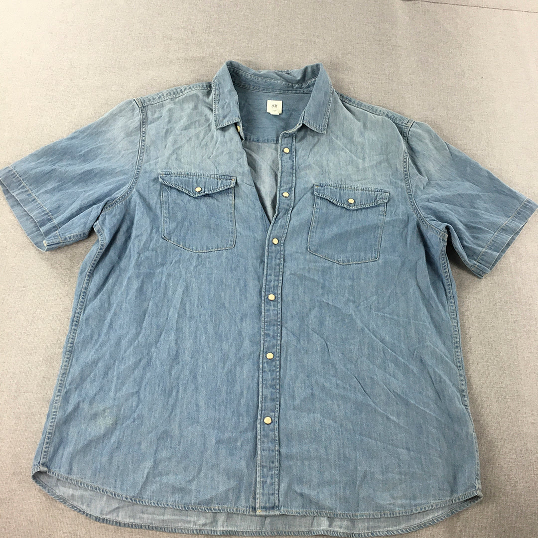 H&M Mens Denim Shirt Size 2XL Blue Pearl-Snap Button-Up Western Pockets