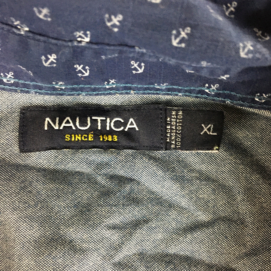 Nautica Mens Shirt Size XL Blue Anchor Pattern Long Sleeve Button-Up Pocket