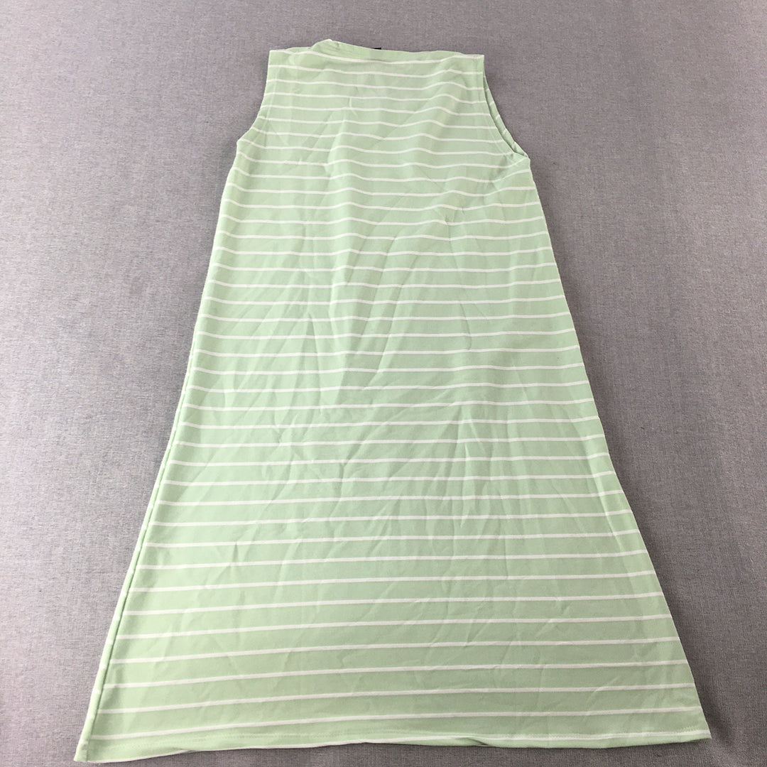 Lemone Womens A-Line Dress Size 10 Green Striped Stretch Fabric Mini Sleeveless