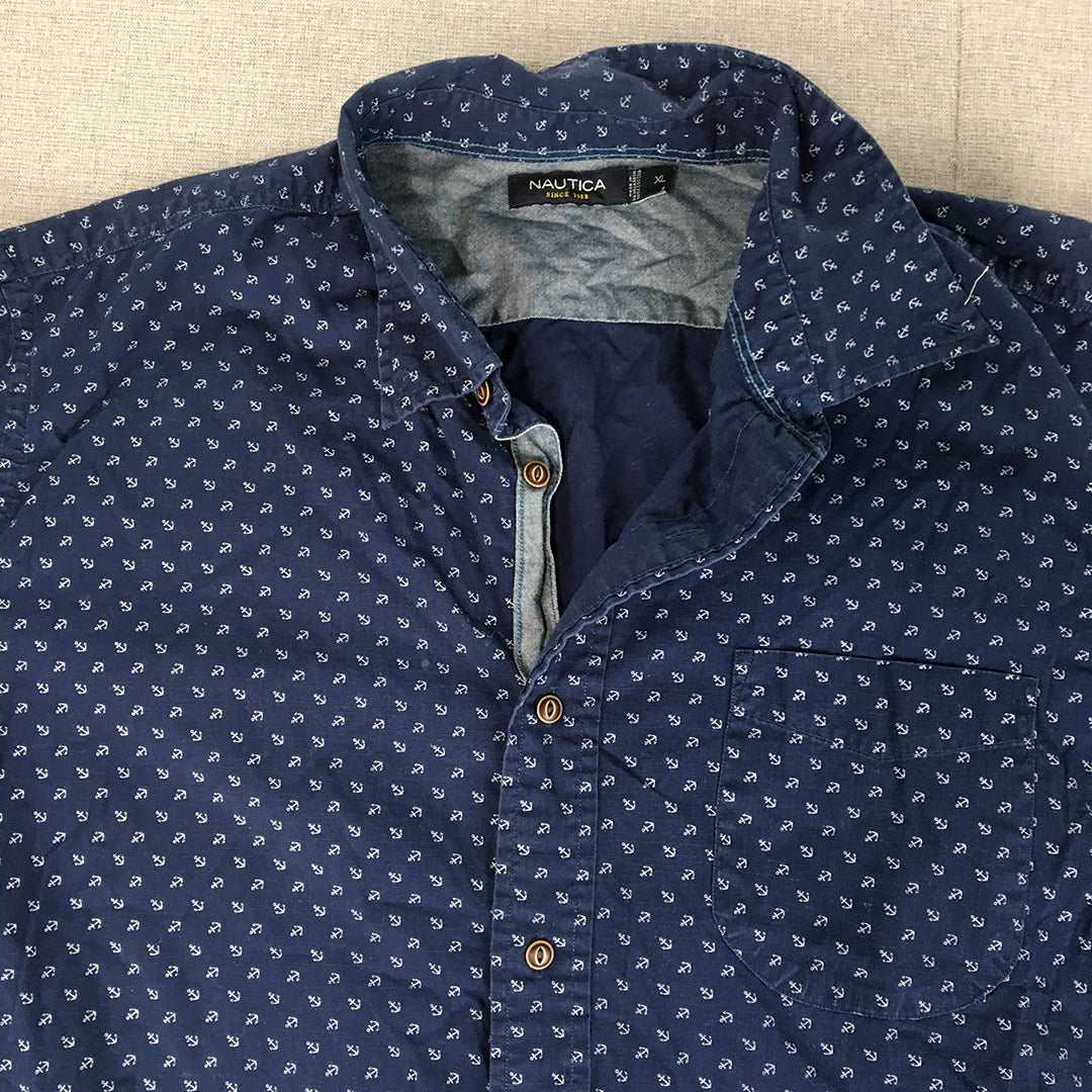 Nautica Mens Shirt Size XL Blue Anchor Pattern Long Sleeve Button-Up Pocket