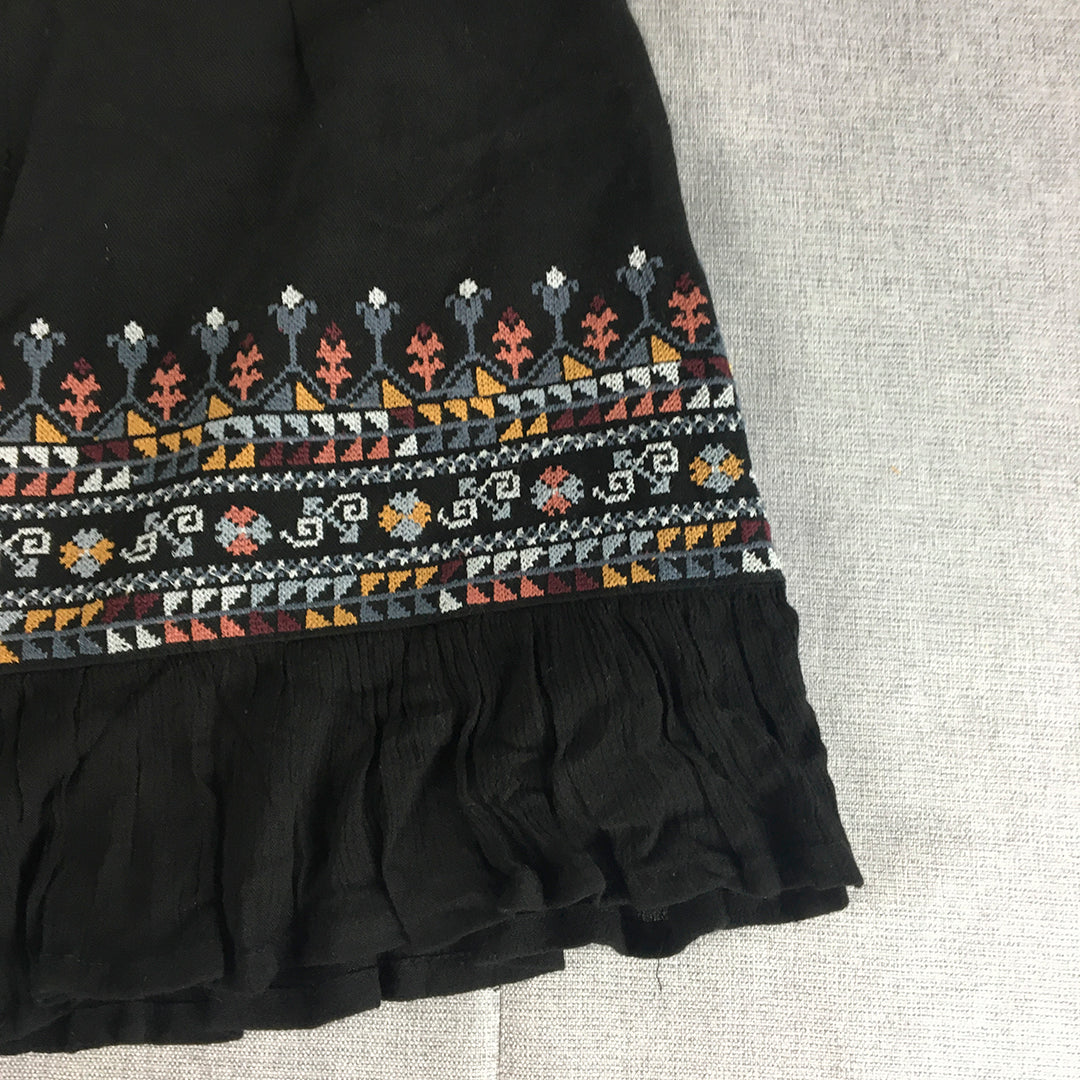 Tigerlily Womens Mini Skirt Size 8 Black Aztec Navajo Frilled Hem