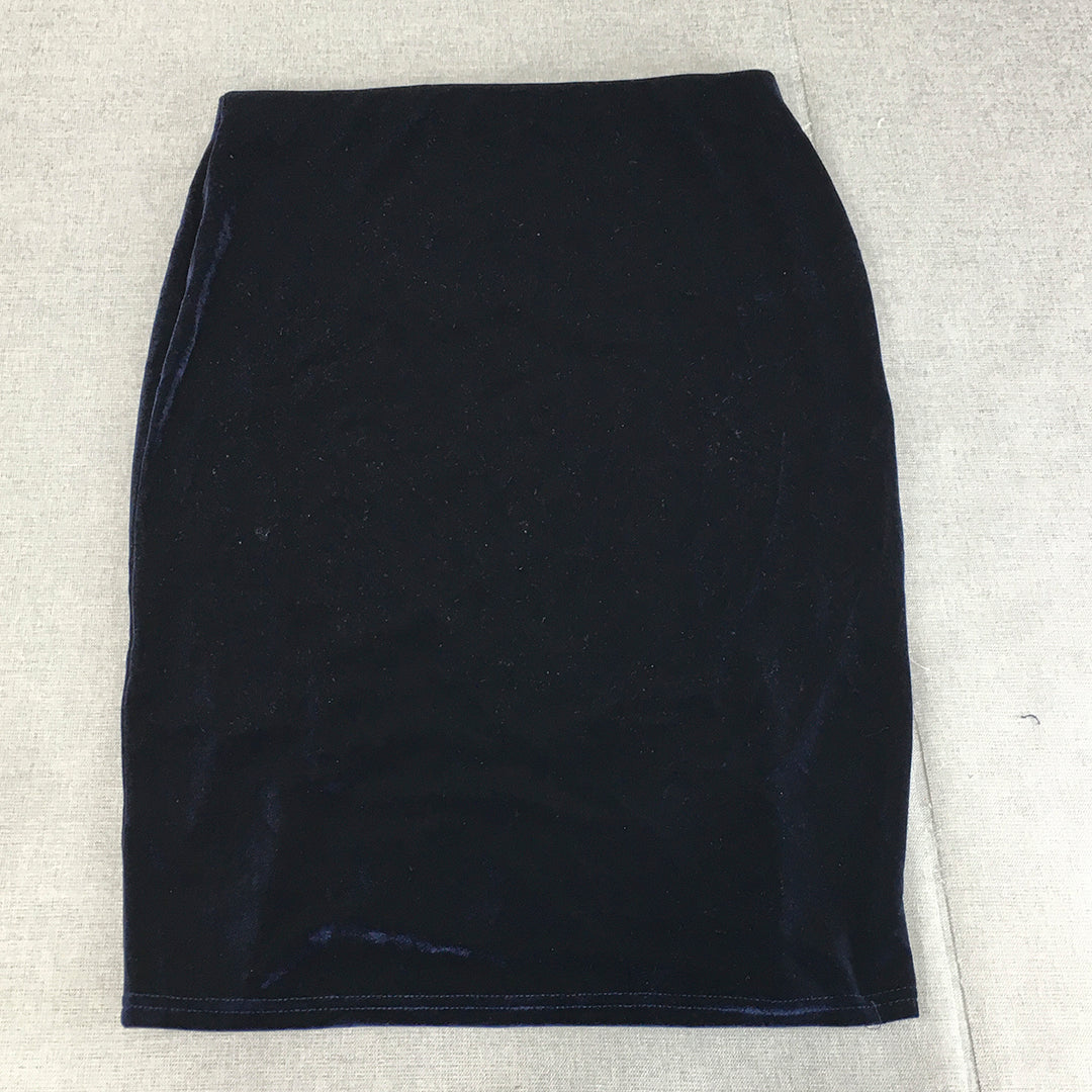 Valleygirl Womens Velour Midi Skirt Size L Navy Blue Straight Stretch Fabric