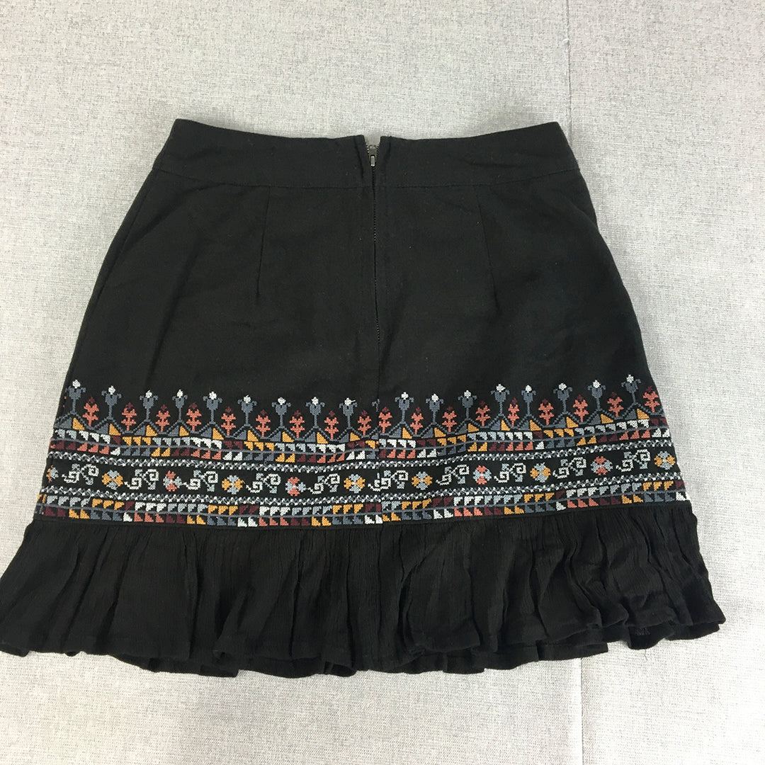 Tigerlily Womens Mini Skirt Size 8 Black Aztec Navajo Frilled Hem