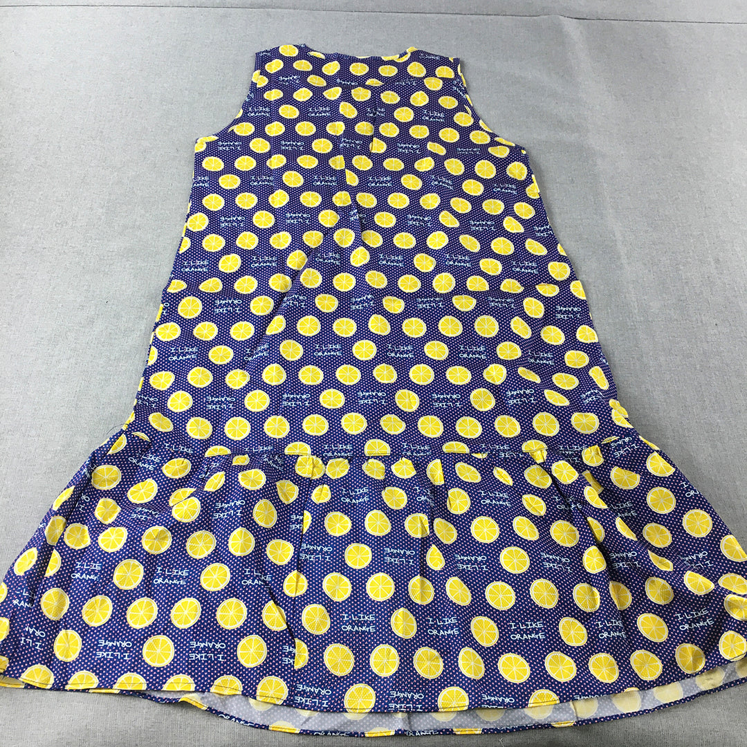 Dino Bassi Womens A-Line Dress Free Size Blue Yellow Lemon Dot Knee Length