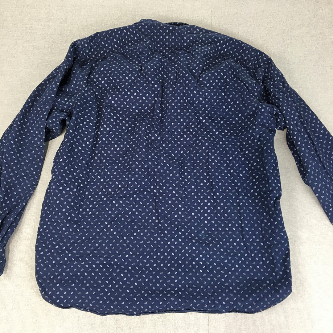 Nautica Mens Shirt Size XL Blue Anchor Pattern Long Sleeve Button-Up Pocket