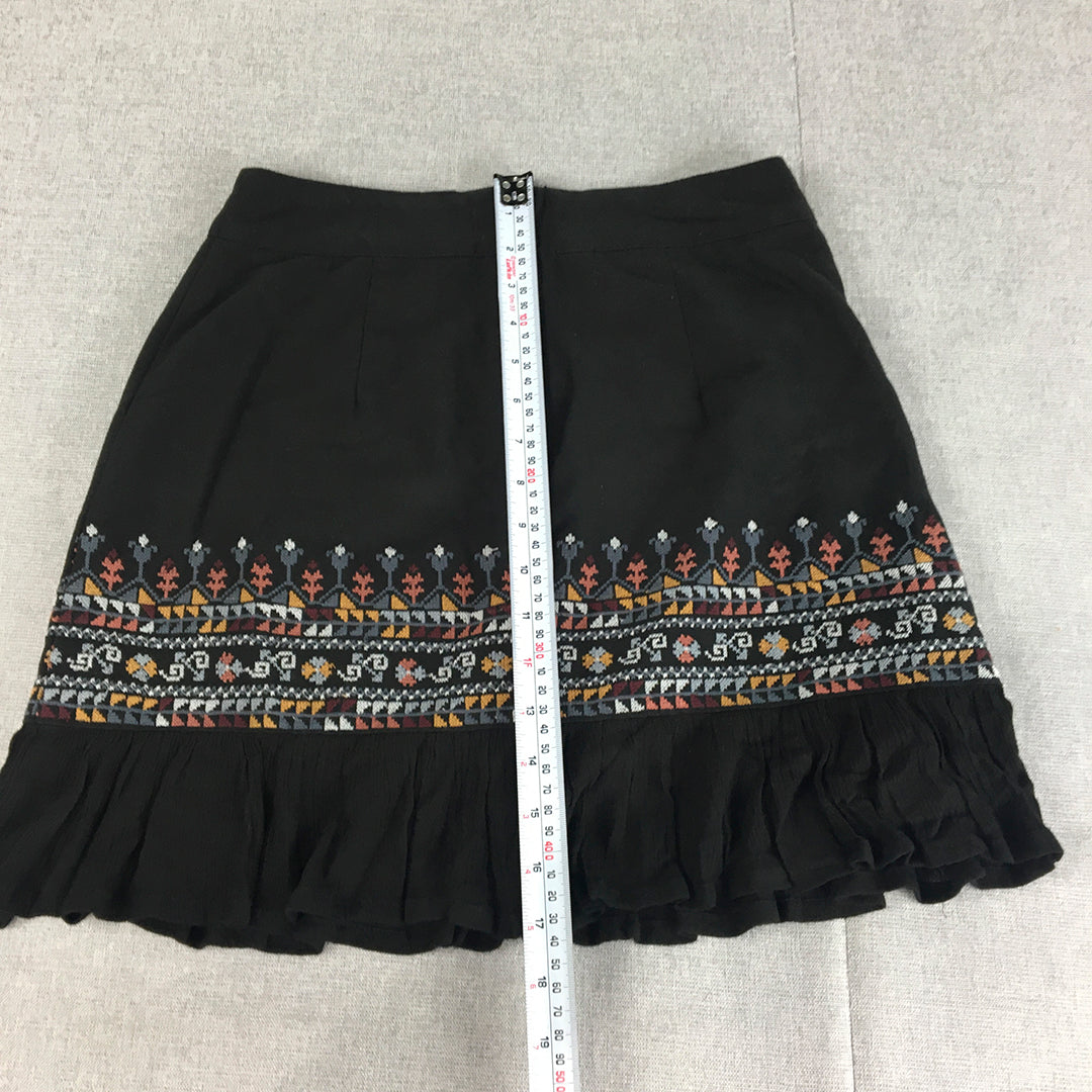 Tigerlily Womens Mini Skirt Size 8 Black Aztec Navajo Frilled Hem