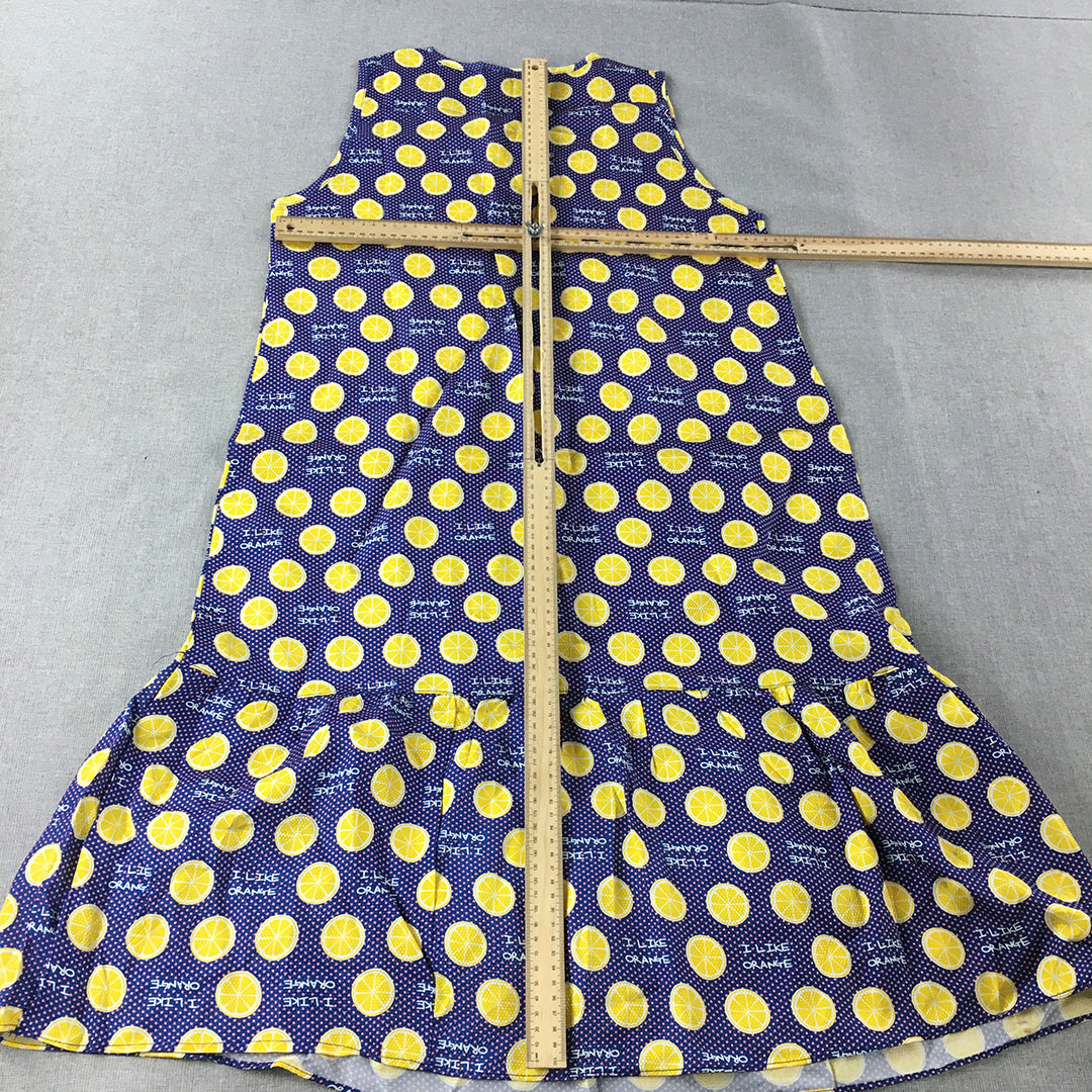 Dino Bassi Womens A-Line Dress Free Size Blue Yellow Lemon Dot Knee Length