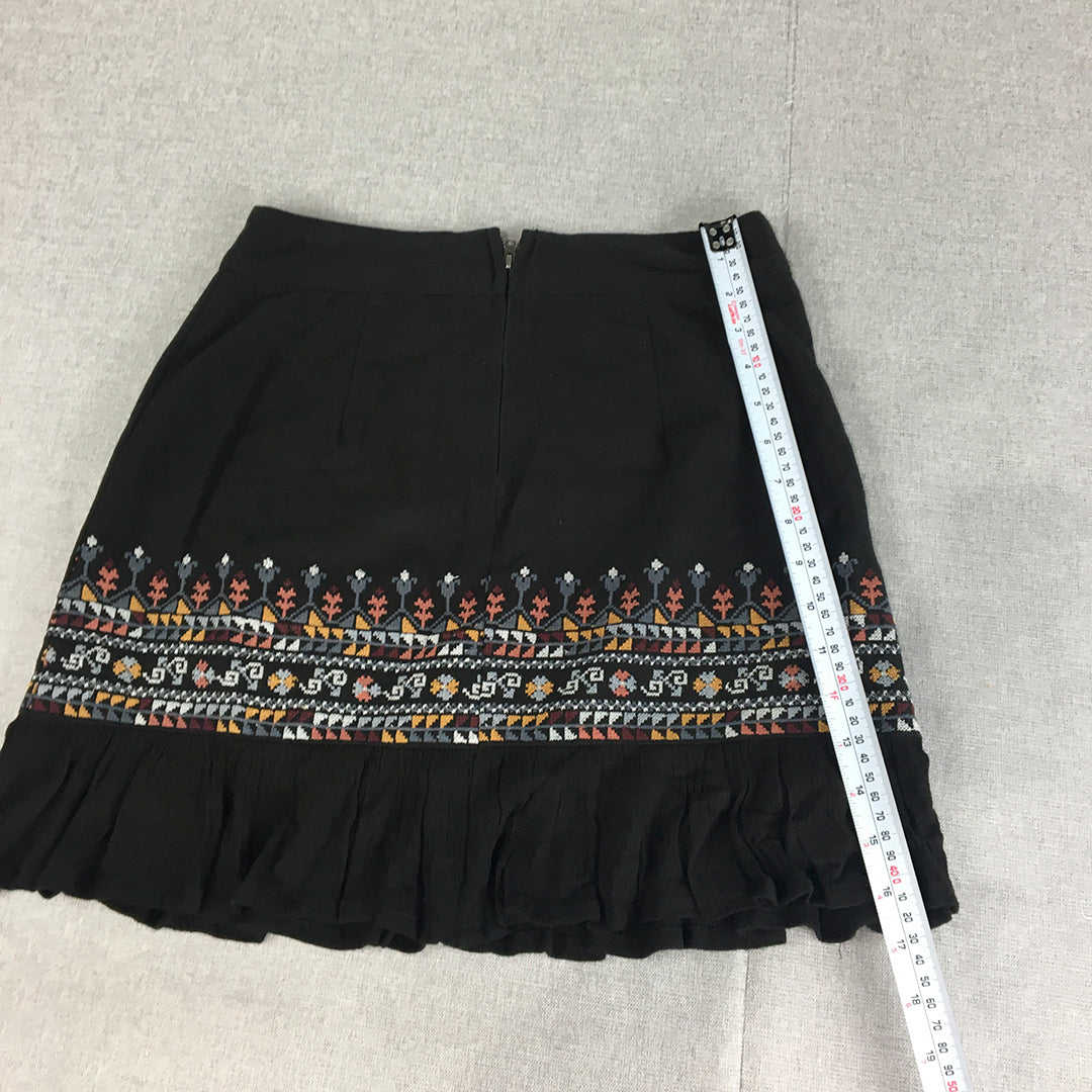 Tigerlily Womens Mini Skirt Size 8 Black Aztec Navajo Frilled Hem