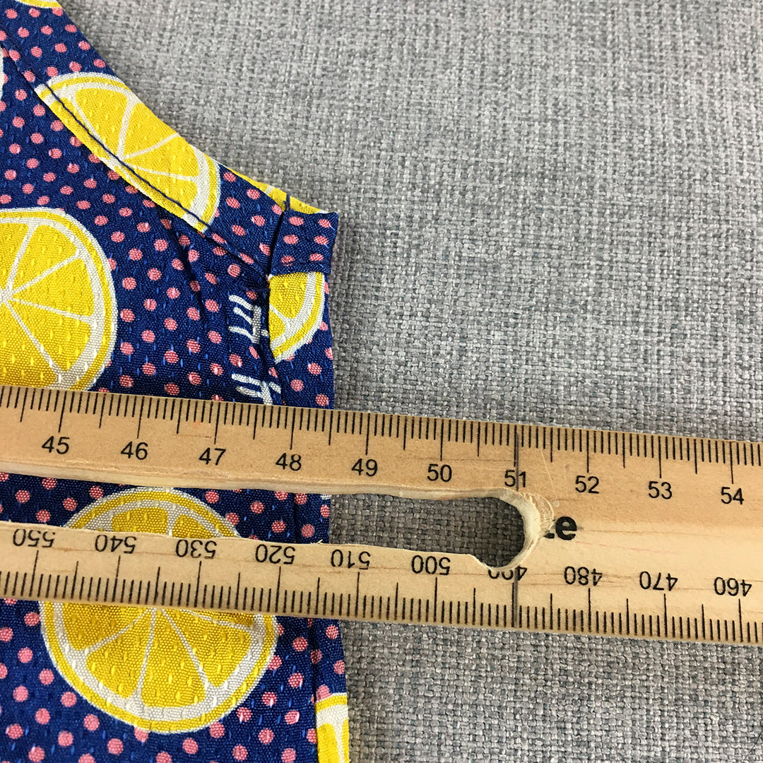 Dino Bassi Womens A-Line Dress Free Size Blue Yellow Lemon Dot Knee Length