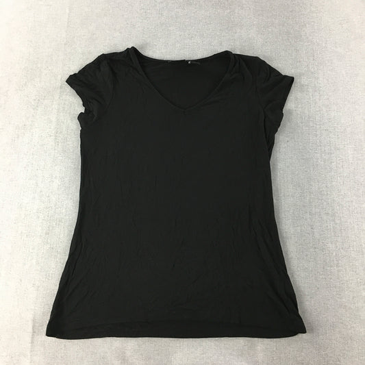 Tahari Womens Top Size M Black Stretch Fabric Short Sleeve V-Neck Shirt