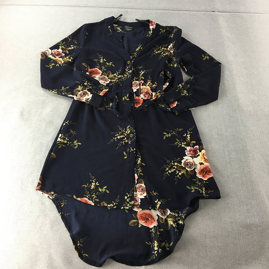 Dream House Womens Shirt Dress Size 8 Navy Blue Floral Button Up Drawstring