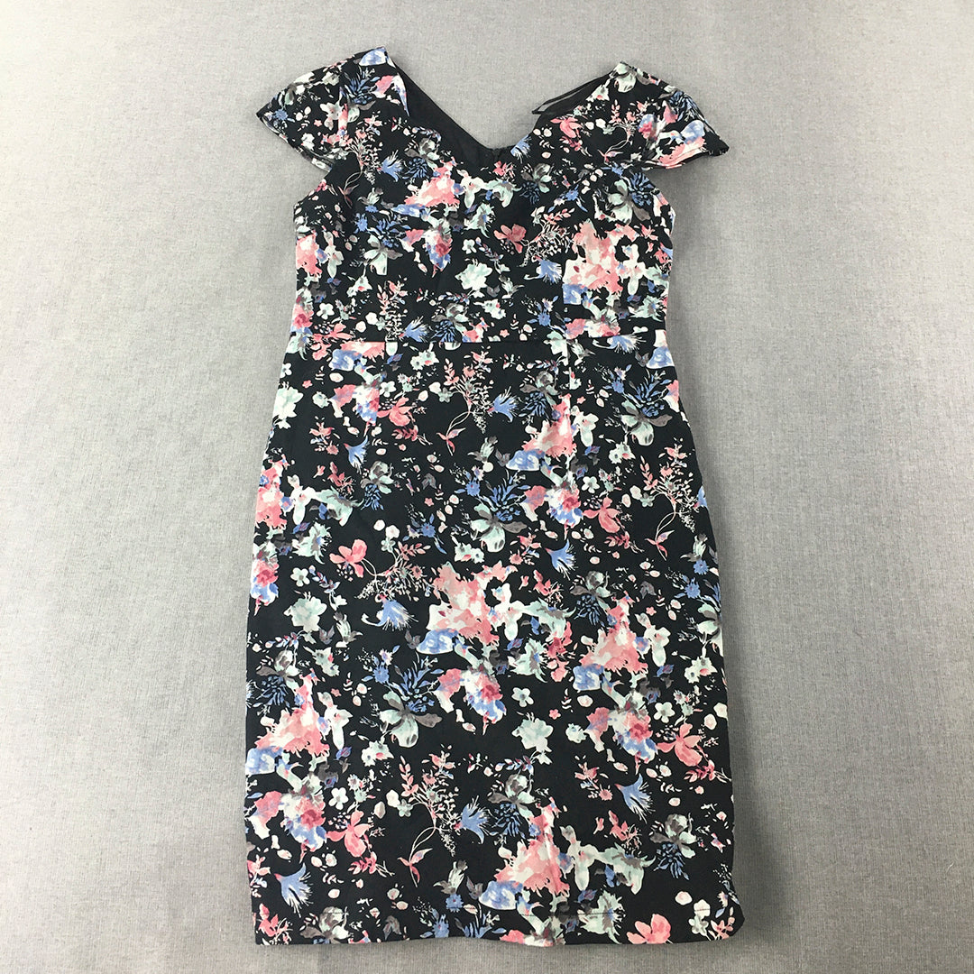 Portmans Womens Pencil Dress Size 12 Black Pink Floral Short Sleeve Mini