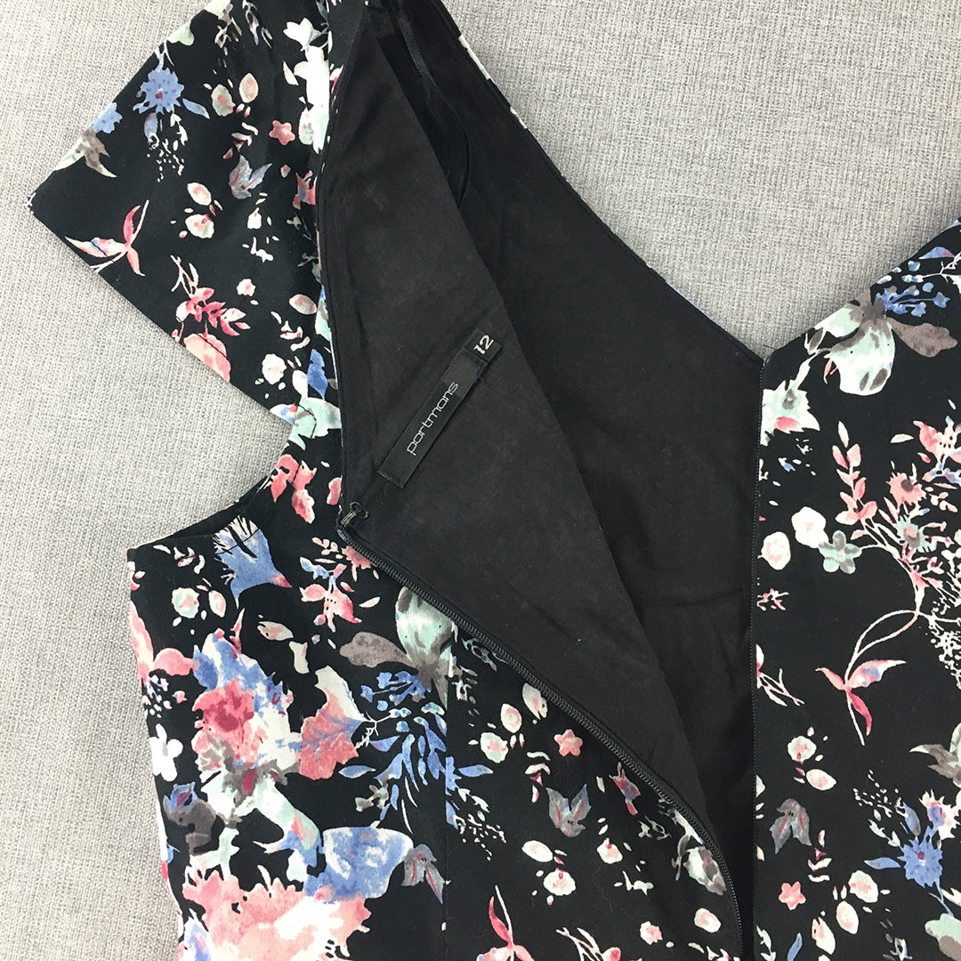 Portmans Womens Pencil Dress Size 12 Black Pink Floral Short Sleeve Mini