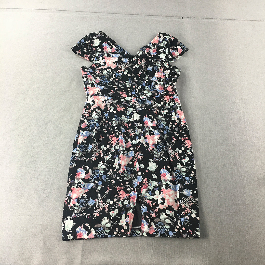 Portmans Womens Pencil Dress Size 12 Black Pink Floral Short Sleeve Mini