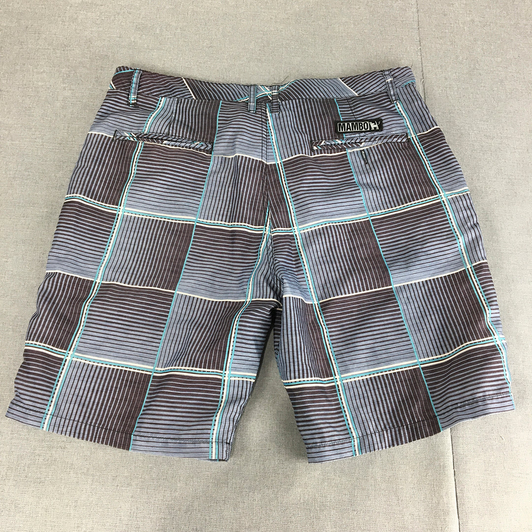 Mambo Mens Shorts Size L (W36) Blue Checkered Pockets Logo