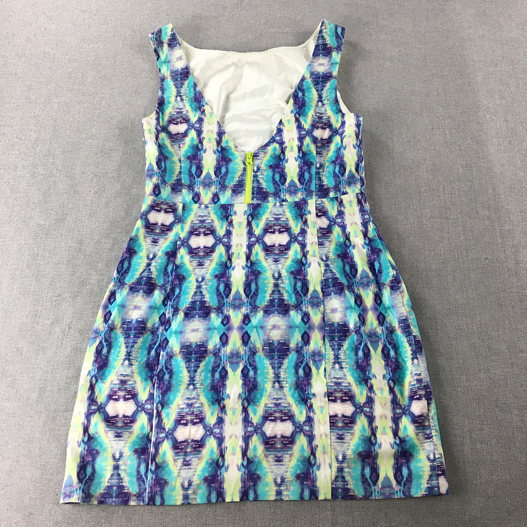 Forever New Womens A-Line Dress Size 10 White Purple Blue Psychedelic Mini