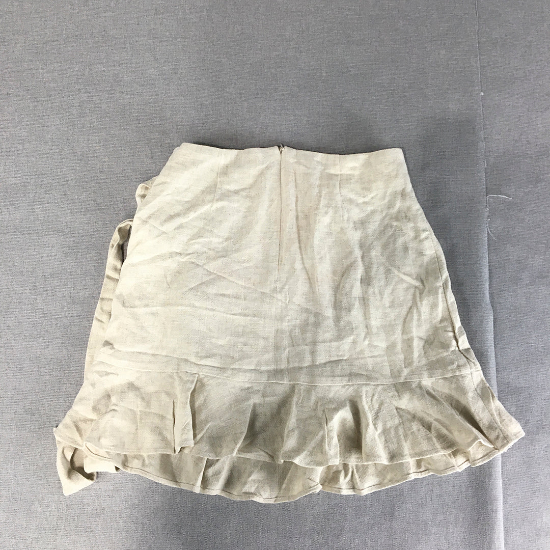 Imprint Womens Linen Wrap Skirt Size 6 Cream Beige Mini Pleated