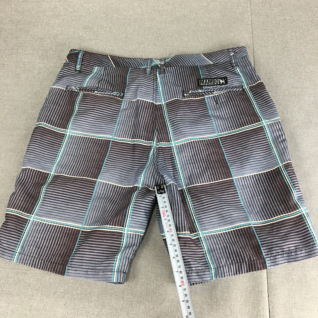 Mambo Mens Shorts Size L (W36) Blue Checkered Pockets Logo