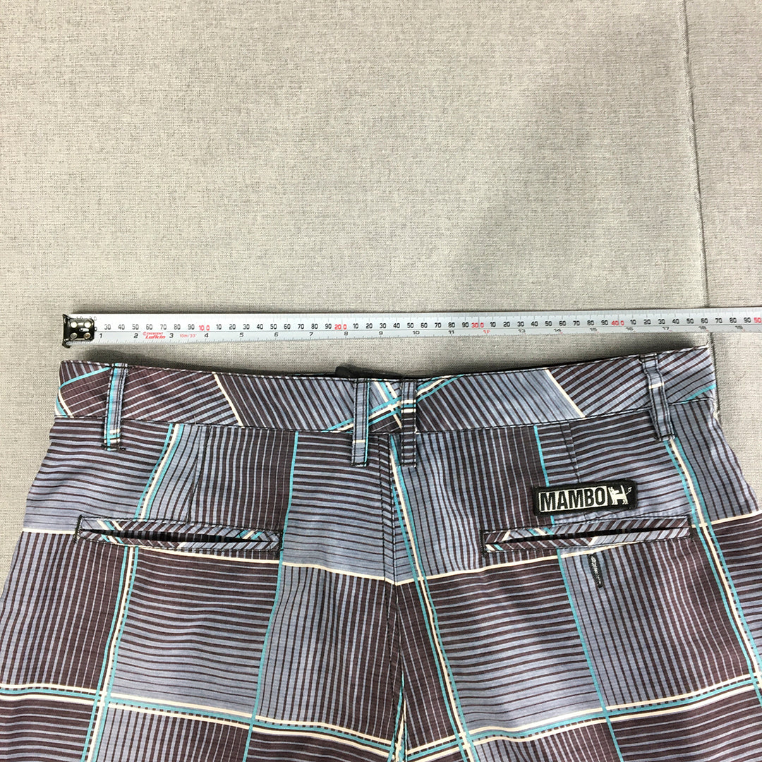 Mambo Mens Shorts Size L (W36) Blue Checkered Pockets Logo