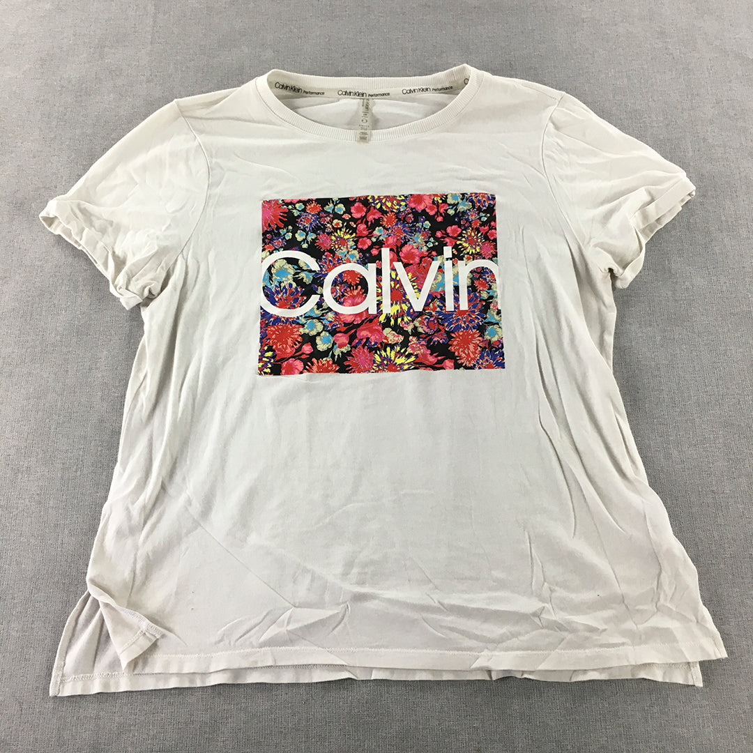 Calvin Klein Womens T-Shirt Size L White Floral Logo Short Sleeve