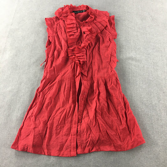 Otto Mode Womens Mini Dress Size 10 Red Button Up Sleeveless Frilled