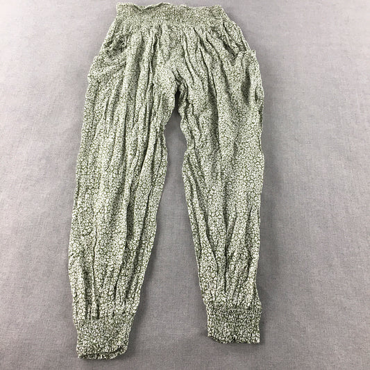 Caroline Morgan Womens Pants Size 10 White Sage Green Elastic Waist Cuffs