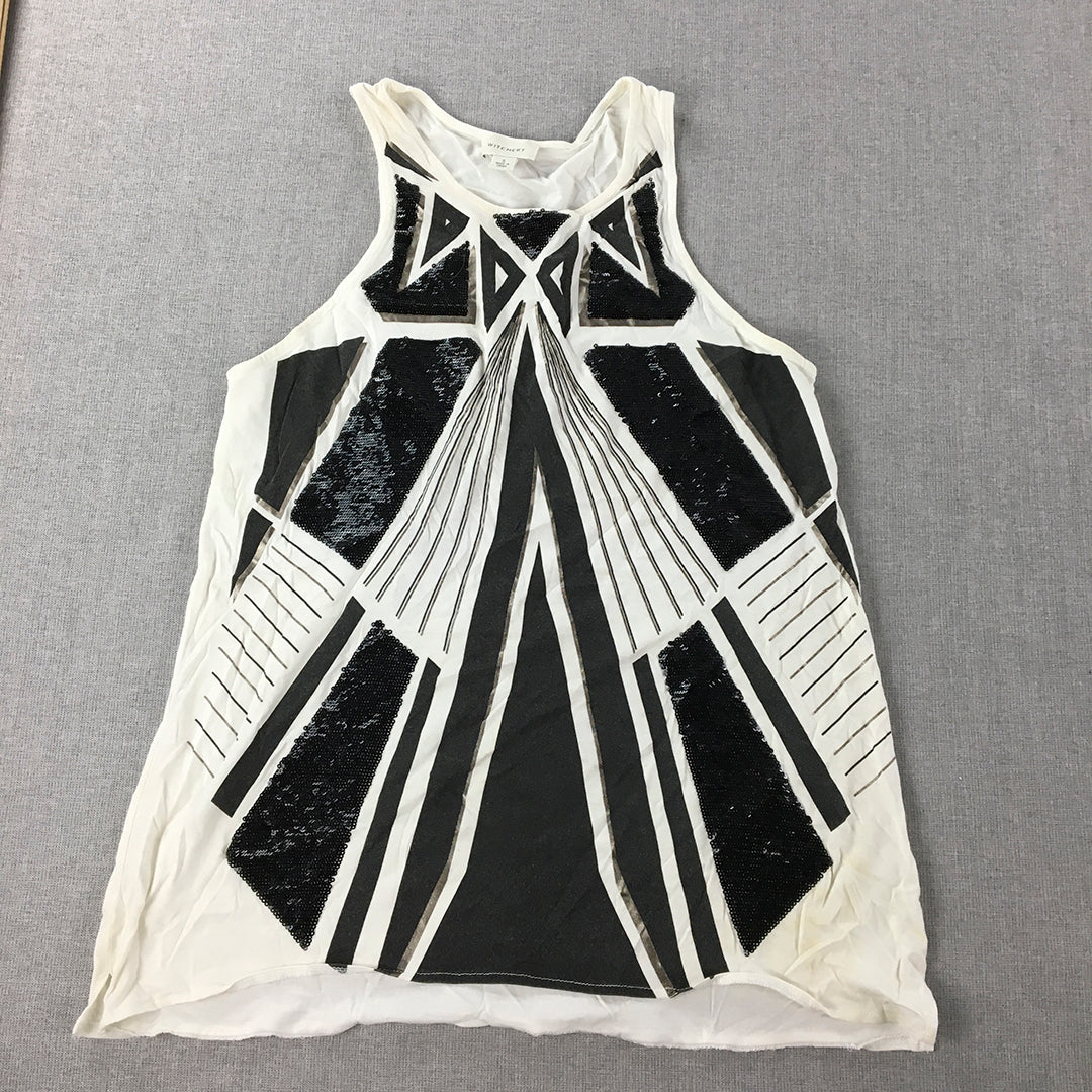 Witchery Womens Tank Top Size S White Black Sequin Geometric Sleeveless Shirt