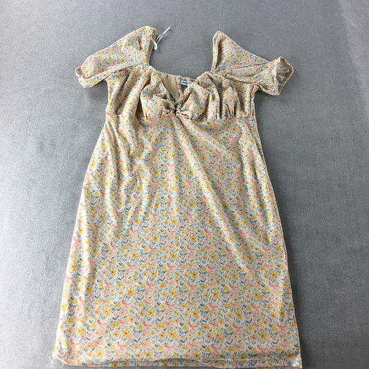 Valleygirl Womens Mini Dress Size L White Yellow Floral Rectangle Neckline