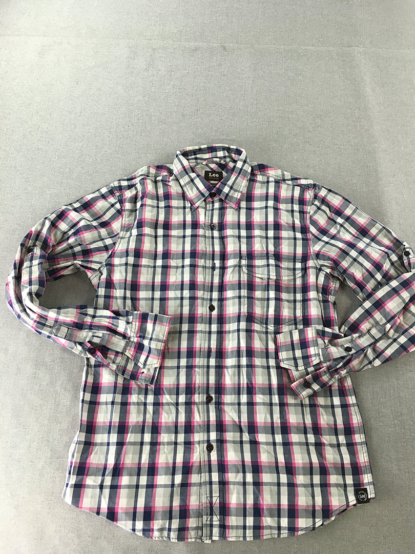 Lee Mens Shirt Size XL White Pink Button-Up Long Sleeve Collared