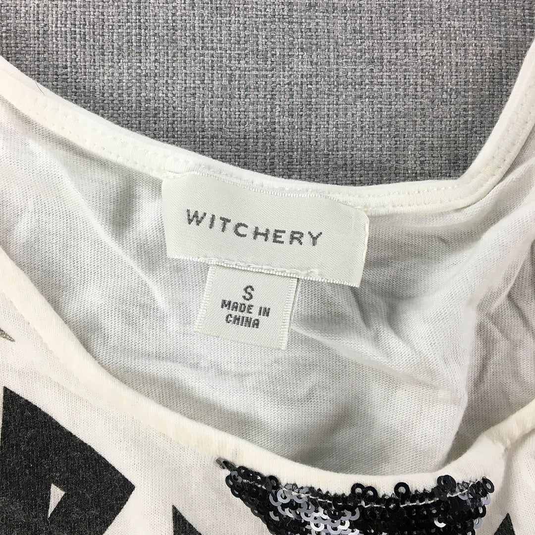 Witchery Womens Tank Top Size S White Black Sequin Geometric Sleeveless Shirt