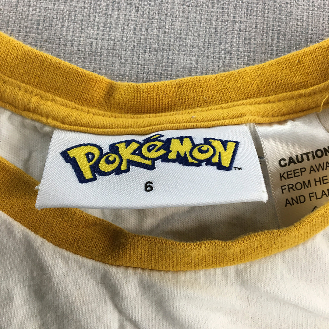 Pokemon Pikachu Kifd Boys Shirt Size 6 White Yellow Long Sleeve Pullover Shirt