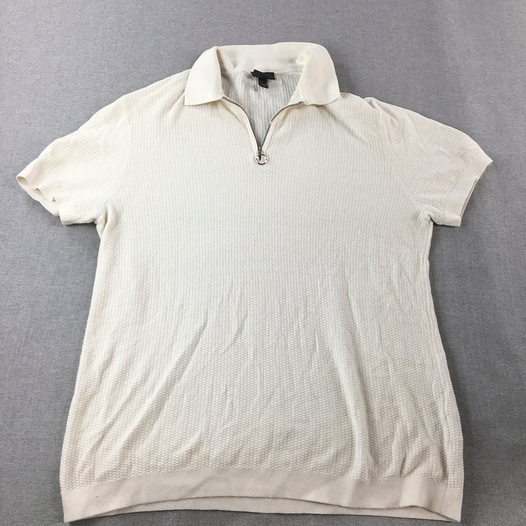 H&M Mens Knit Polo Shirt Size L Slim Fit White Collared Short Sleeve Rugby