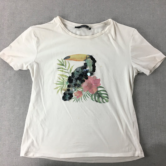 Madame Womens T-Shirt Size 10 White Toucan Bird Sequin Short Sleeve Top