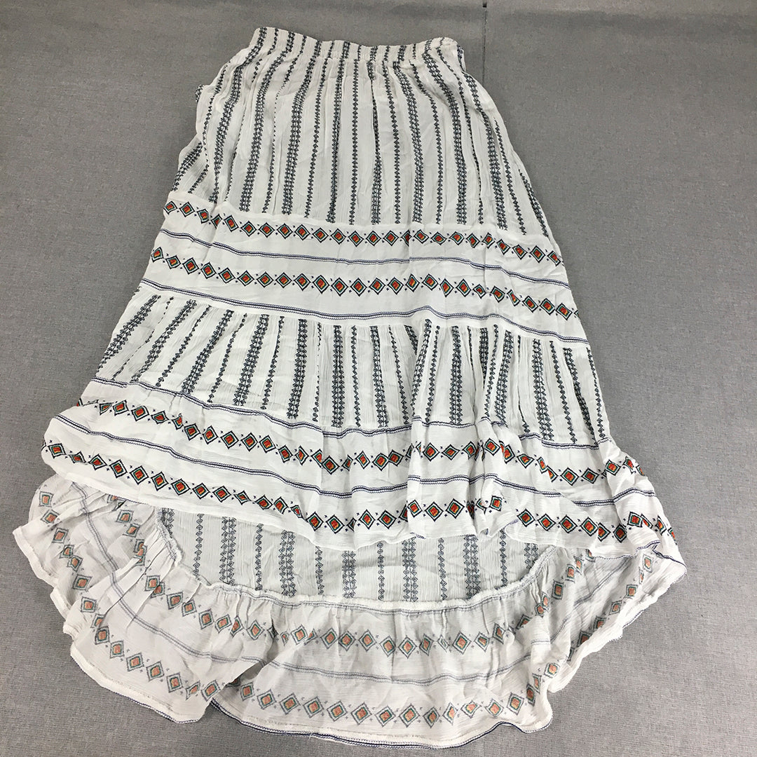 Valleygirl Womens Maxi Skirt Size 8 White Aztec Navajo Elastic Waist A-Line