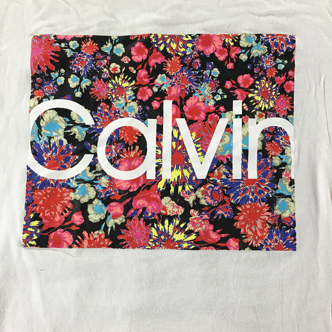 Calvin Klein Womens T-Shirt Size L White Floral Logo Short Sleeve