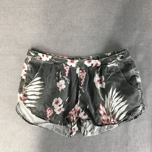 Stussy Womens Shorts Size 8 Grey Floral Elastic Waist Logo Pockets