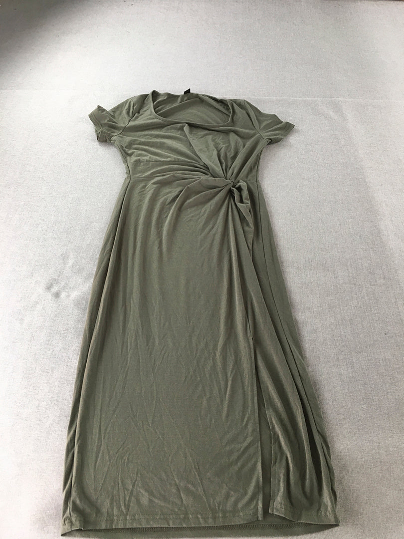 Emery Rose Womens A-Line Dress Size L Khaki Green Midi Ruched