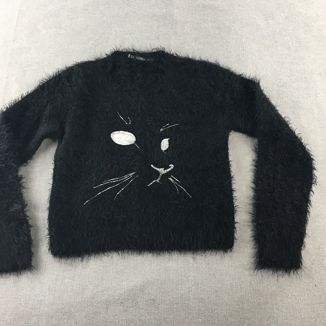 Yes Miss Womens Faux Fur Sweater Size M Black Cat Pullover Jumper Fleece