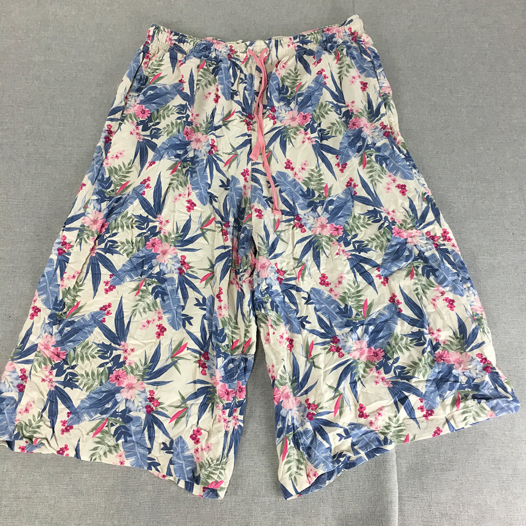 Uniqlo Womens Knee Length Shorts Size XL White Pink Floral Drawstring