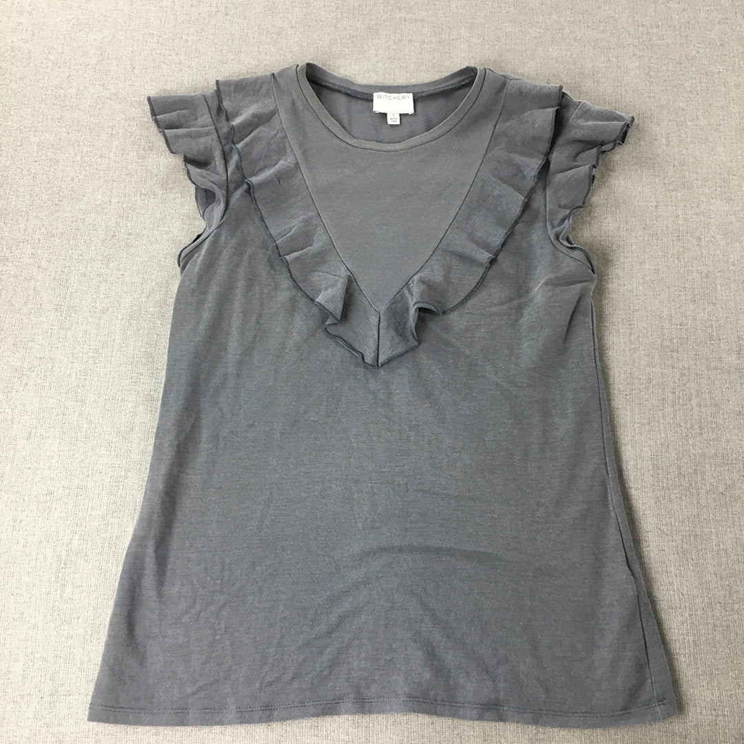 Witchery Womens Top Size S Grey Short Sleeve Frilled Crew Neck T-Shirt