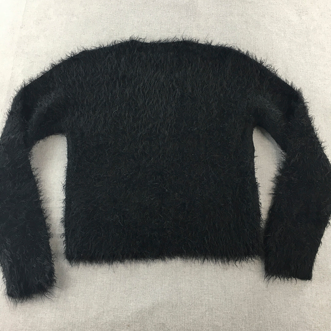 Yes Miss Womens Faux Fur Sweater Size M Black Cat Pullover Jumper Fleece