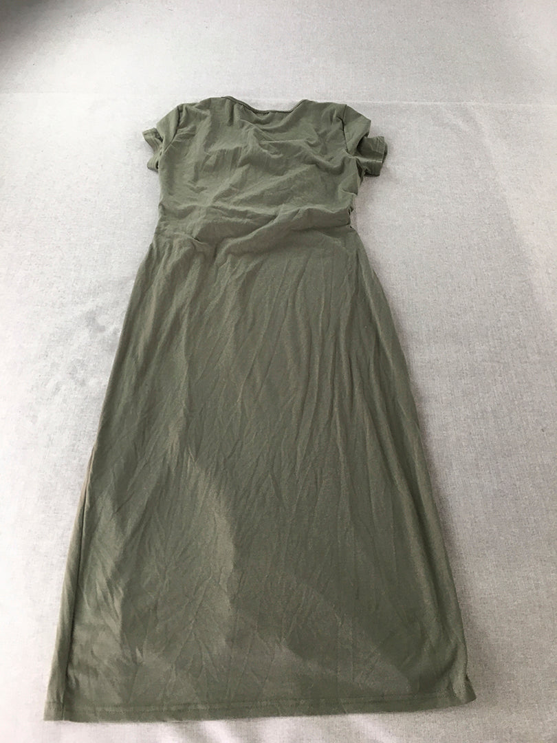 Emery Rose Womens A-Line Dress Size L Khaki Green Midi Ruched